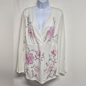 I.N.C 2X Pullover Tunic Top Plunge V Neck Long Sleeve Embroidered Flowers